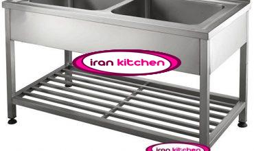 سینک صنعتی استیل دو لگنه رستوران  با پایه و پاتروکی و وان صنعتی