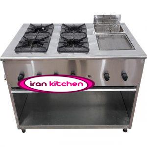 اجاق گاز همراه با گریدل و سرخ کن صنعتی چهارشعله
